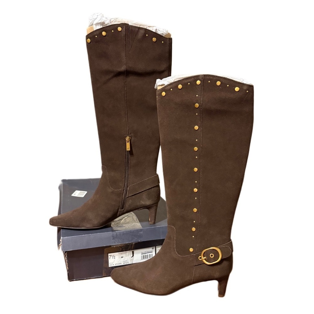 Splendid Dark Brown Heeled Boots with Gold Accents